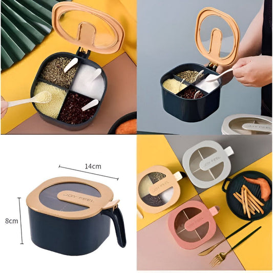 4 Portion Round Masala Box with 4 Plastic Spoons and Transparent LID Cover