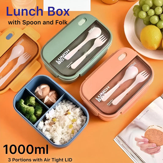1000ml 3 Portions with Spoon and Folk and Air Tight Lunch Box (Mix/Random color)